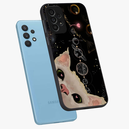 Galactic Cat Glass Case displayed in angled mockup highlighting celestial feline illustration with galaxy aesthetic style.