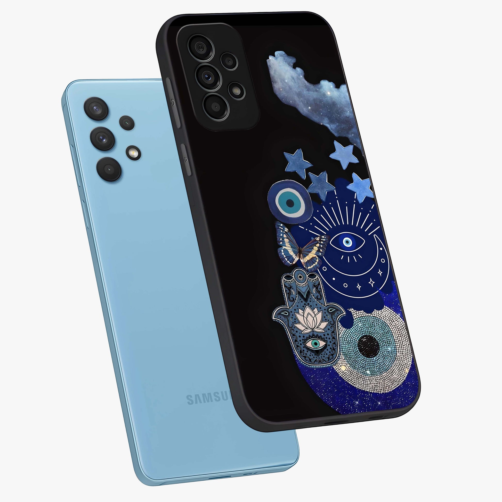 Galactic Charm Cluster Glass Case displayed in angled mockup highlighting luminous galaxy inspired design with dreamy aesthetic.