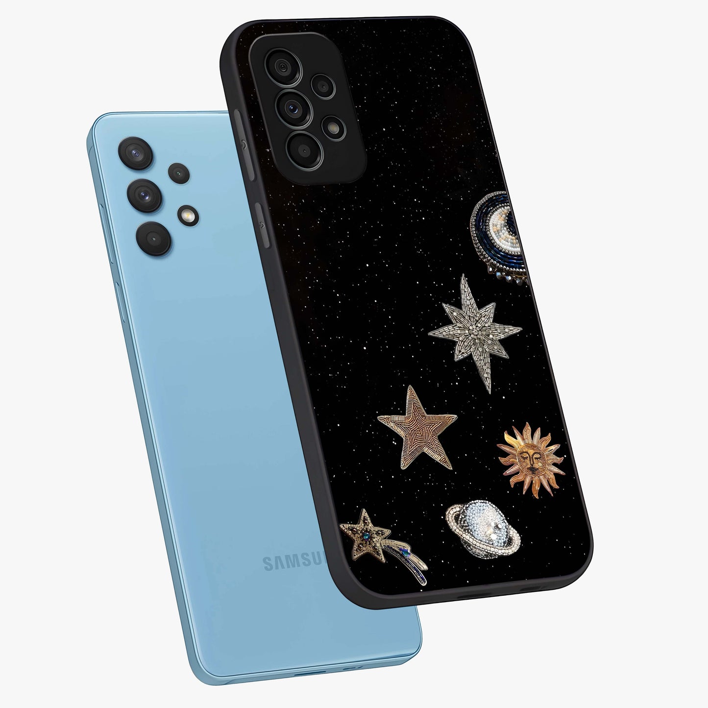Galactic Charm Glow Glass Case displayed in angled mockup highlighting luminous galaxy inspired design with dreamy aesthetic.