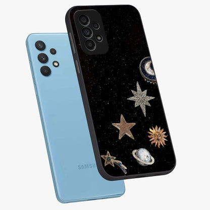 Galactic Charm Glow Glass Case displayed in angled mockup highlighting luminous galaxy inspired design with dreamy aesthetic.