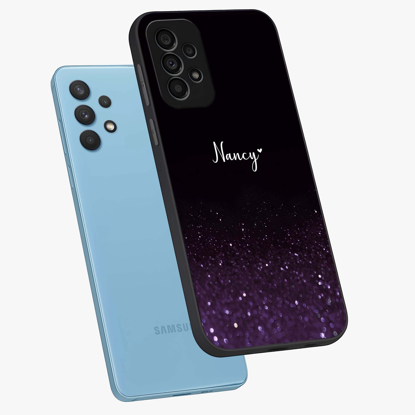 Glittery Purple Bokeh Custom Name Glass Case displayed in angled mockup highlighting glitter bokeh pattern with custom name feature.