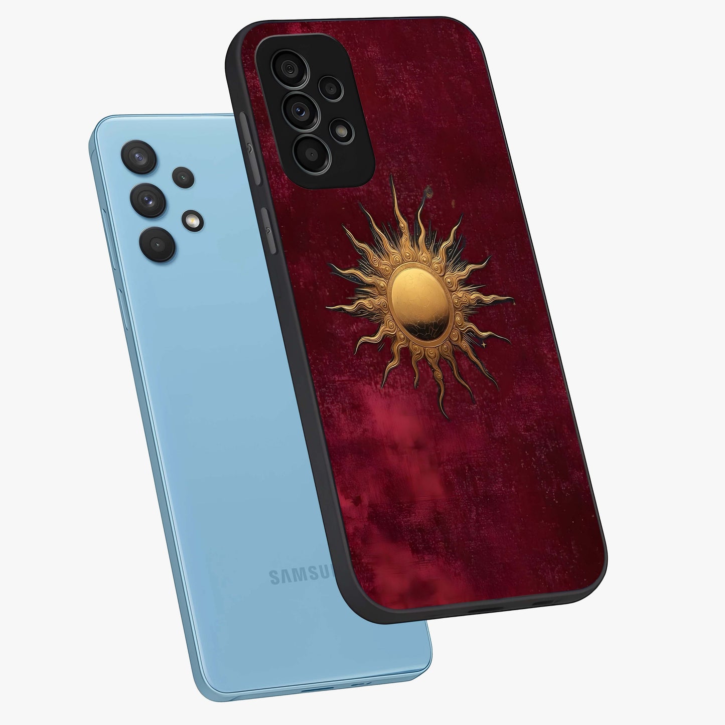 Golden Sun Minimalism Glass Case displayed in angled mockup highlighting clean sun symbol design with modern minimal aesthetic.