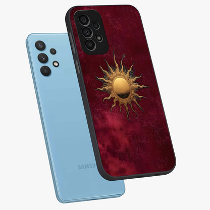 Golden Sun Minimalism Glass Case displayed in angled mockup highlighting clean sun symbol design with modern minimal aesthetic.