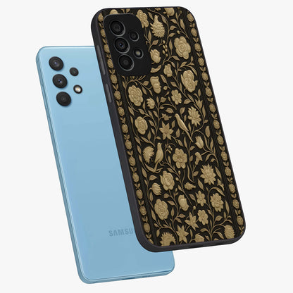 Golden Evil Eye Mandala Glass Case displayed in angled mockup highlighting protective evil eye symbol with golden mandala design.