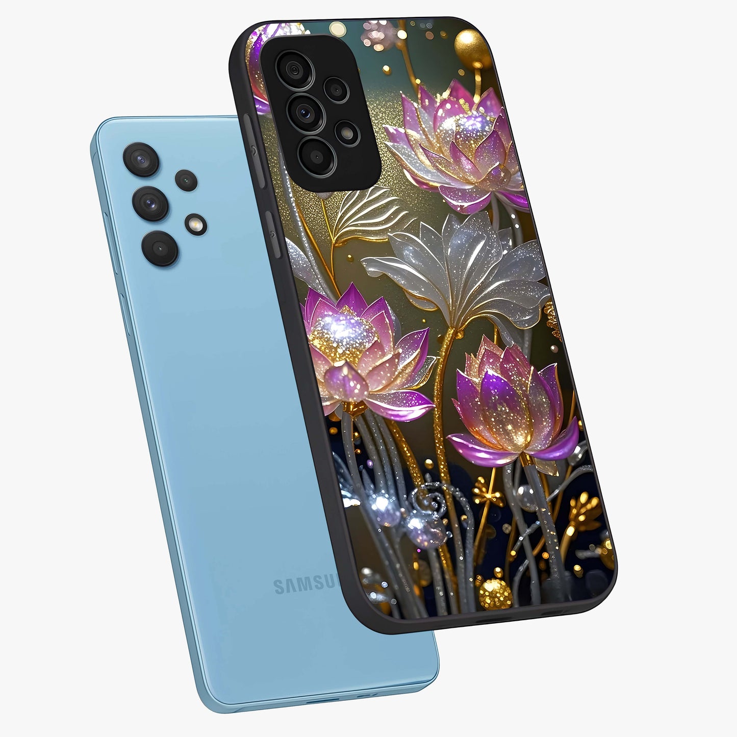Golden Floral Majesty Glass Case displayed in angled mockup highlighting elegant flower design with royal golden aesthetic.