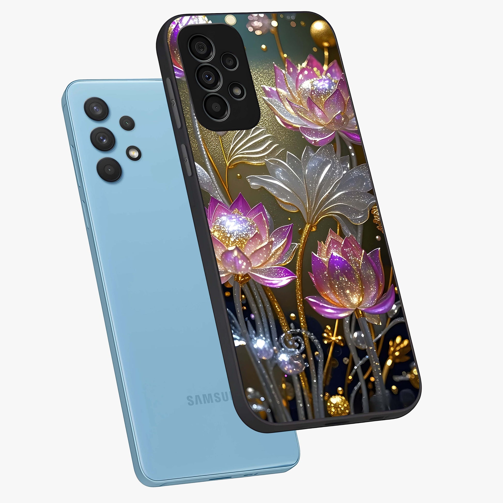 Golden Floral Majesty Glass Case displayed in angled mockup highlighting elegant flower design with royal golden aesthetic.