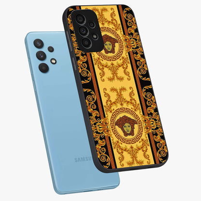 Golden Lotus Glow Glass Case displayed in angled mockup highlighting radiant lotus illustration with spiritual aesthetic.