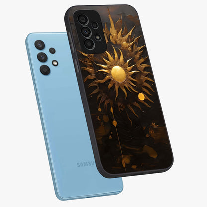 Golden Sun Majesty Glass Case displayed in angled mockup highlighting eerie shadow illustration with gothic aesthetic.