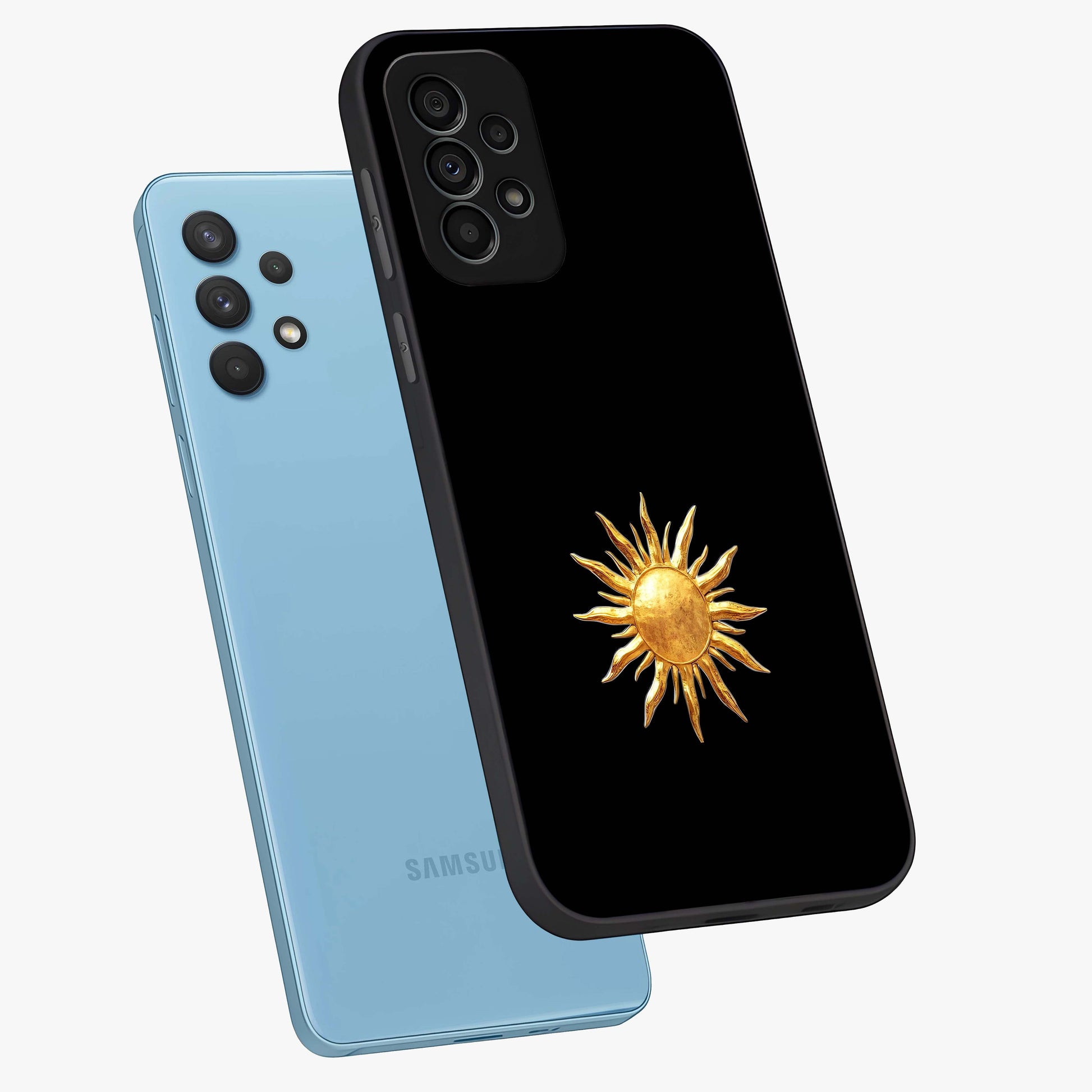 Golden Sun Minimalism Glass Case displayed in angled mockup highlighting eerie shadow illustration with gothic aesthetic.