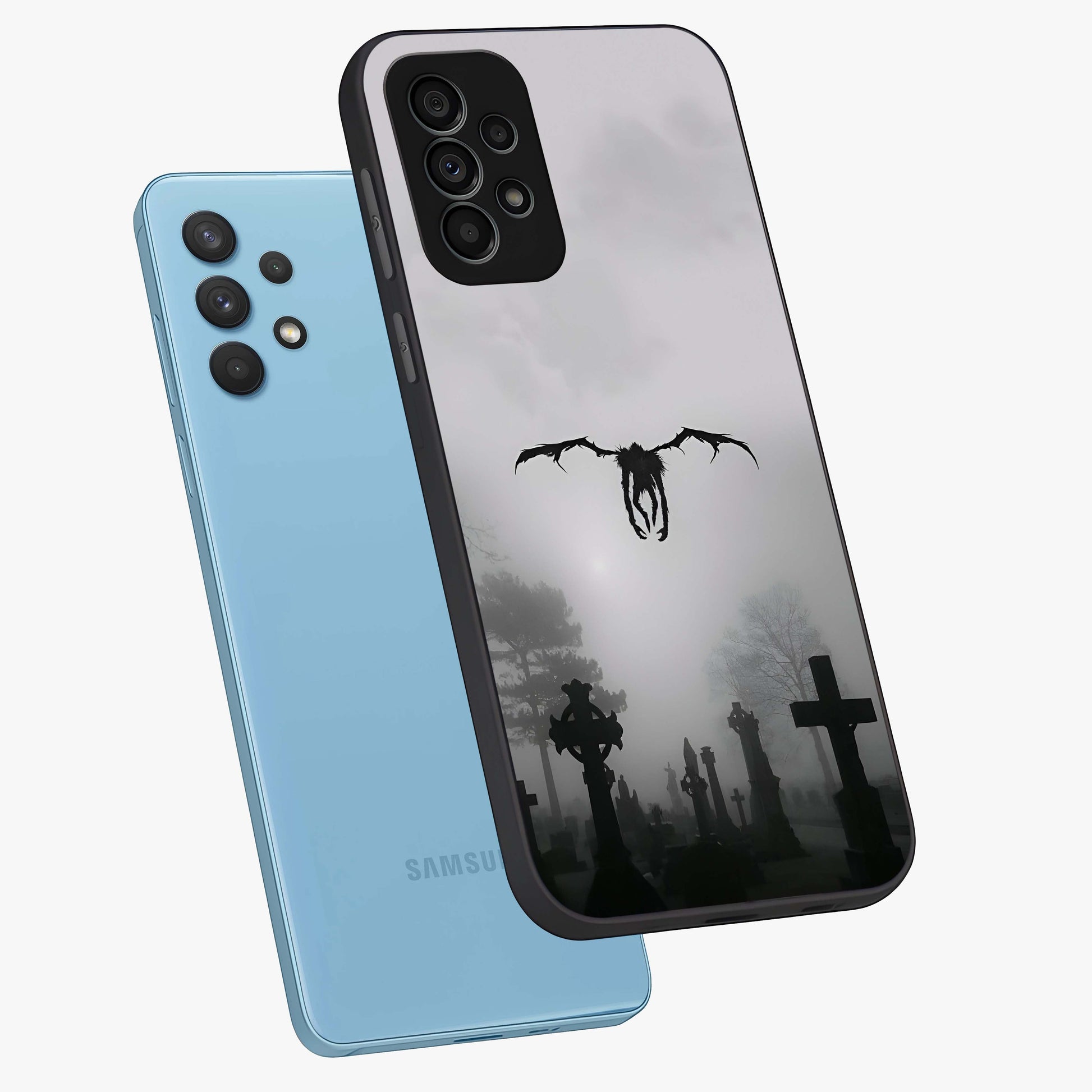 Graveyard Shadow Descent Glass Case displayed in angled mockup highlighting eerie shadow illustration with gothic aesthetic.