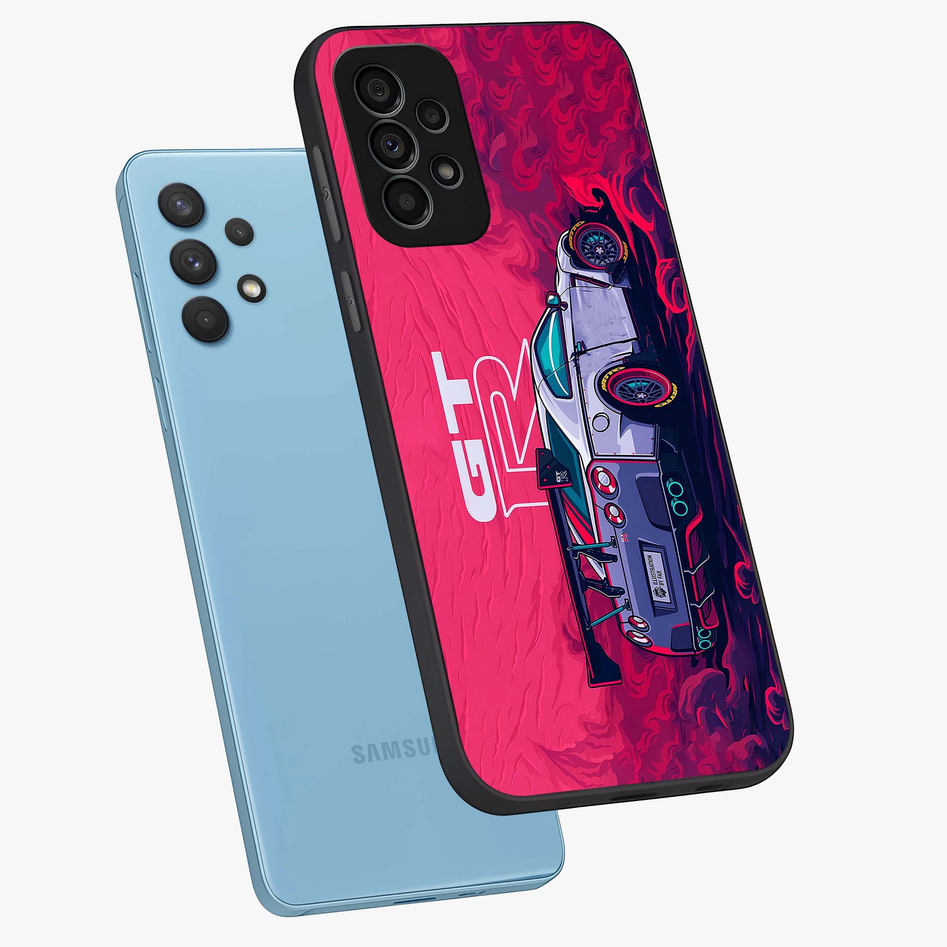 GT-R Car Pattern Glass Case displayed in angled mockup highlighting racing car graphic design with bold automotive aesthetic.