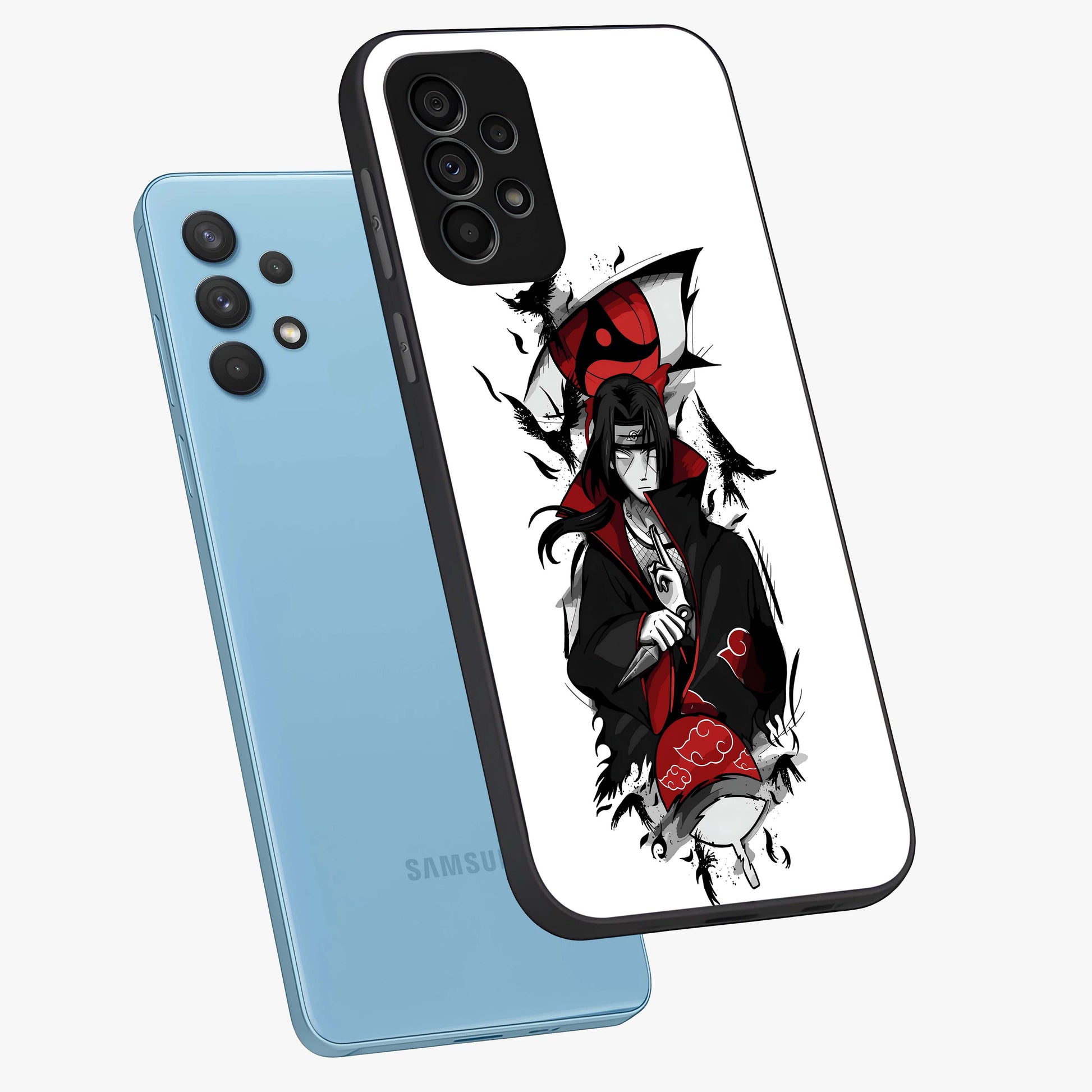 Itachi Limited Edition Naruto Anime Glass Case displayed in angled mockup highlighting dramatic anime illustration with bold action aesthetic.