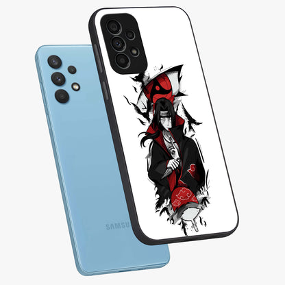 Itachi Limited Edition Naruto Anime Glass Case displayed in angled mockup highlighting dramatic anime illustration with bold action aesthetic.