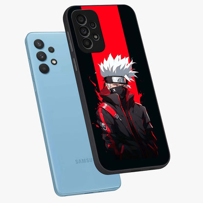 Kakashi Scarlet Shadow Glass Case displayed in angled mockup highlighting dramatic ninja illustration with scarlet themed aesthetic.