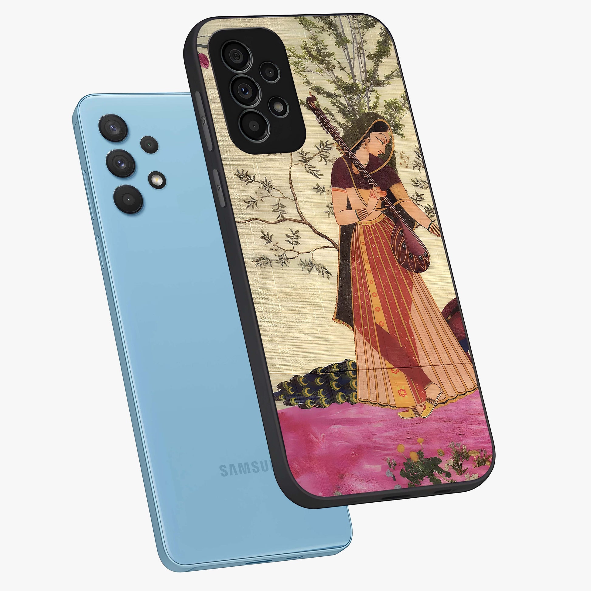 Lady With Veena Art Glass Case displayed in angled mockup highlighting graceful musical illustration with cultural artistic aesthetic.