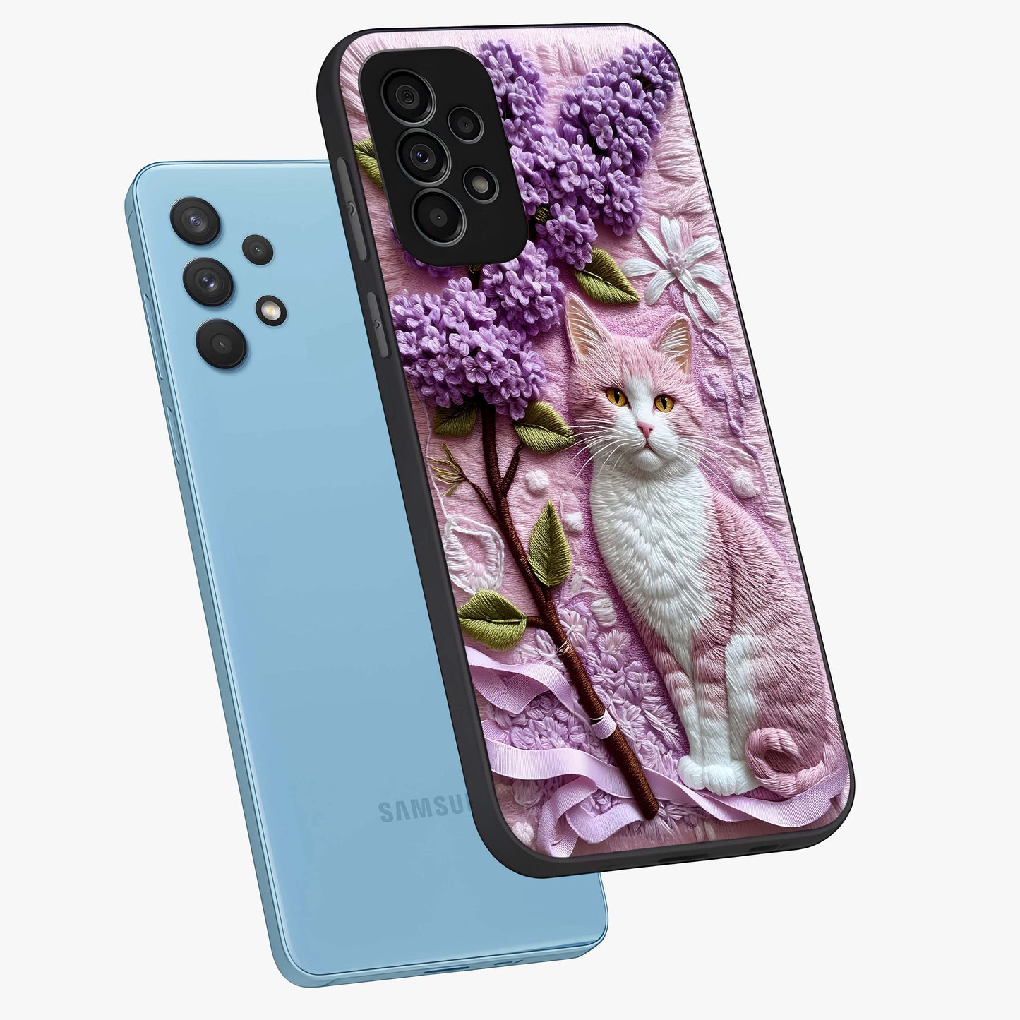 Lavender Cat Whimsy Glass Case displayed in angled mockup highlighting playful feline illustration with pastel lavender aesthetic.