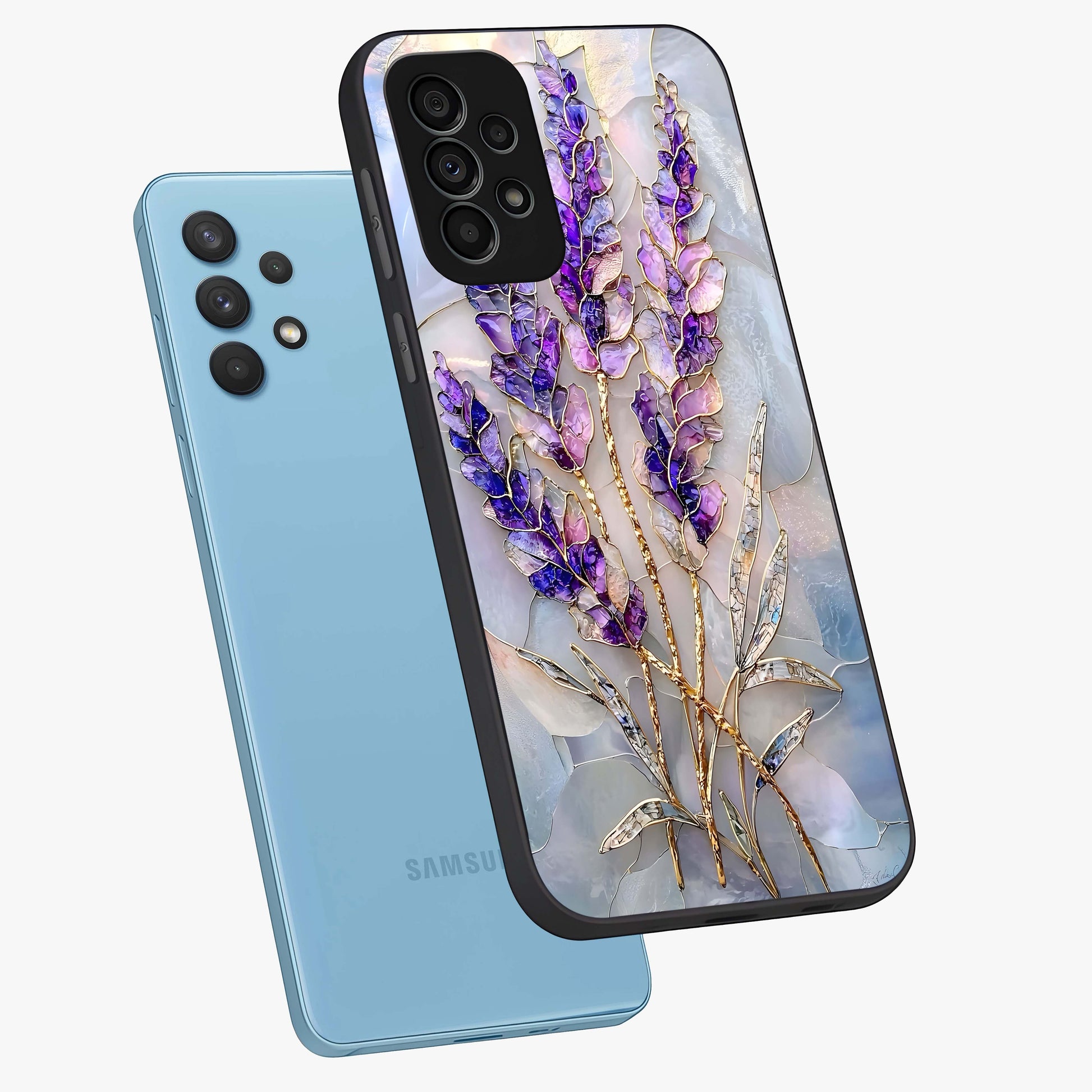 Lavender Dream Glow Glass Case displayed in angled mockup highlighting dreamy purple glow design with soft artistic style.