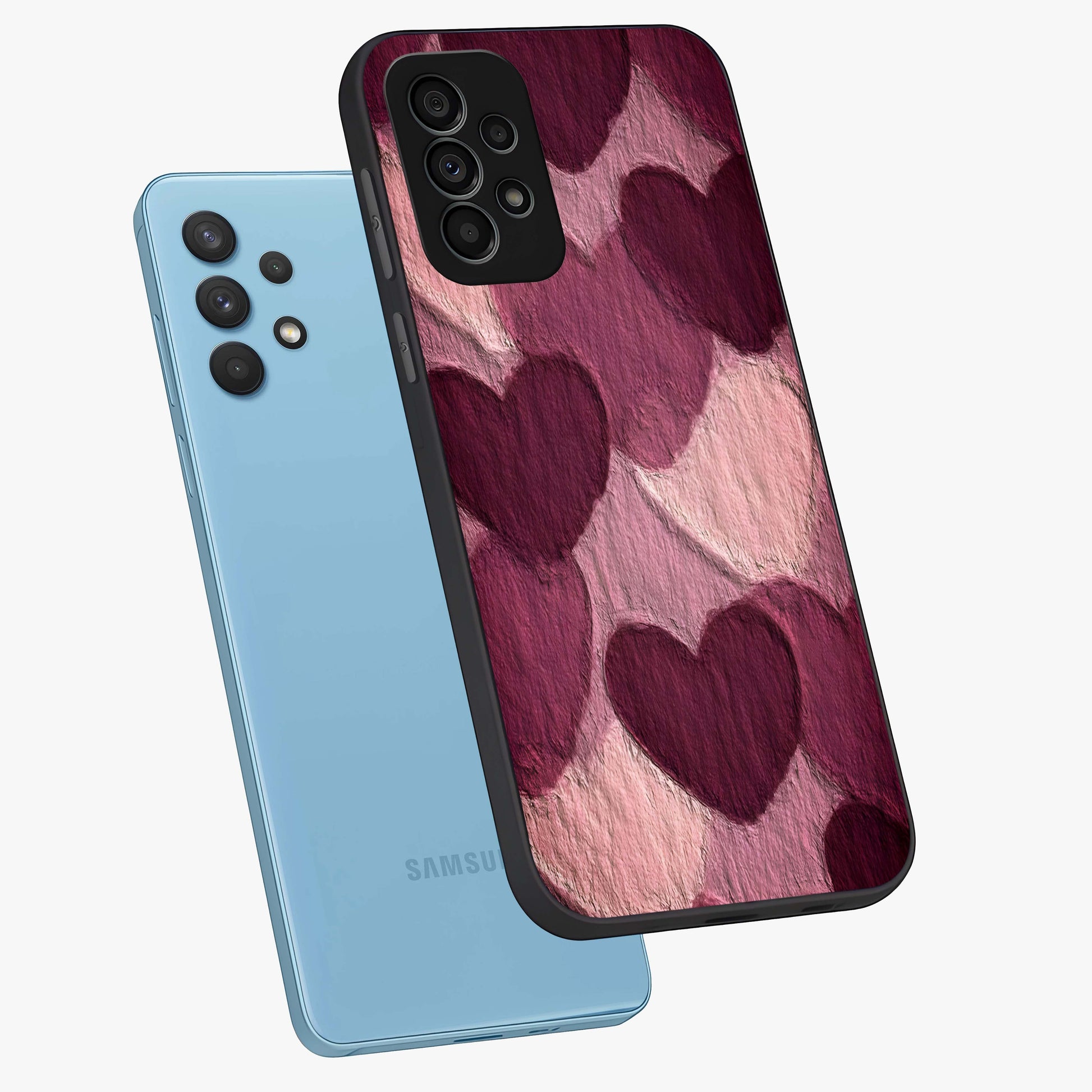 Layered Paper Hearts Glass Case displayed in angled mockup highlighting creative paper craft heart design with romantic aesthetic.