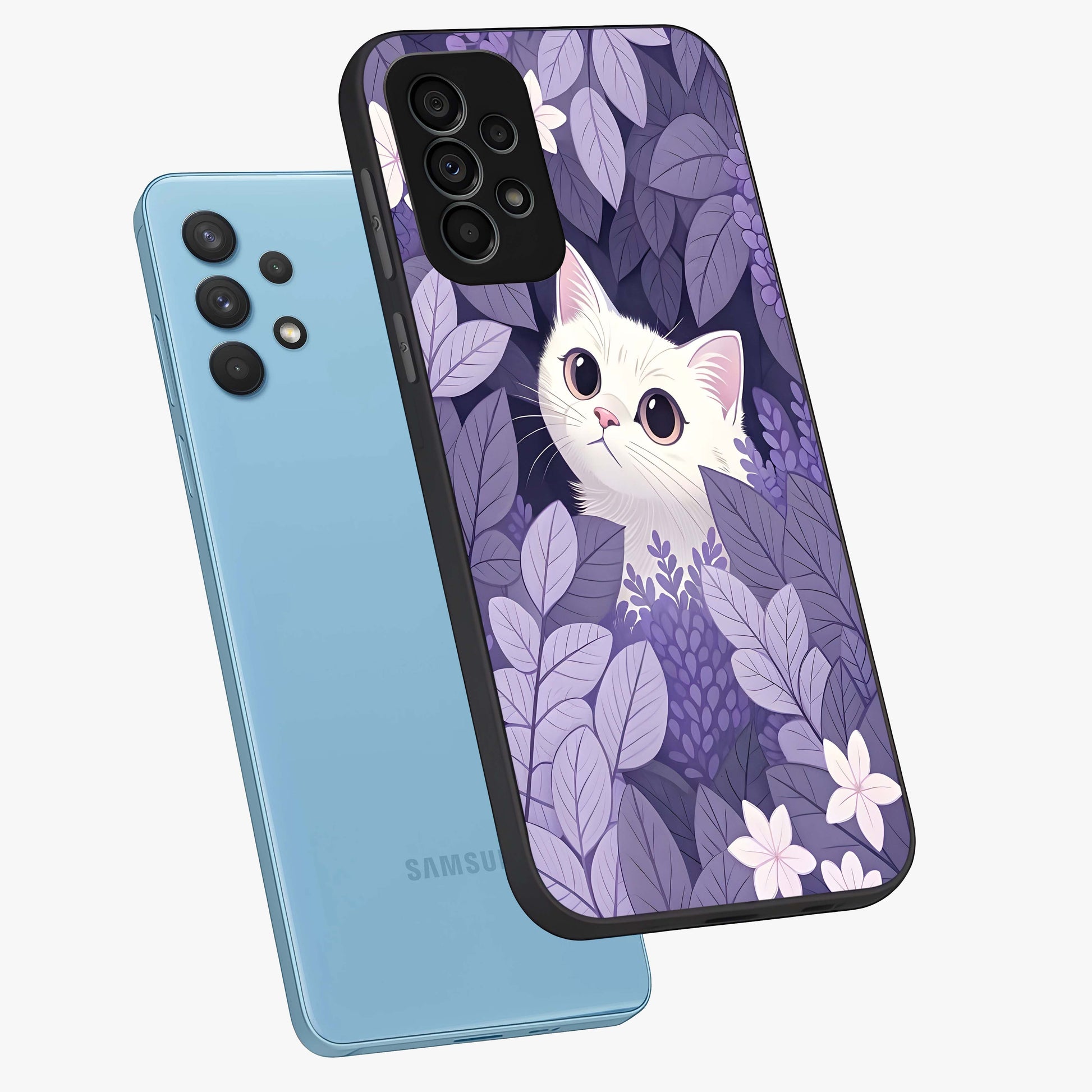 Lilac Hide Peek Cat Glass Case displayed in angled mockup highlighting playful feline illustration with lilac aesthetic design.