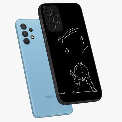 Line Art Girl With Shooting Stars Glass Case displayed in angled mockup highlighting elegant line art design with dreamy star aesthetic.