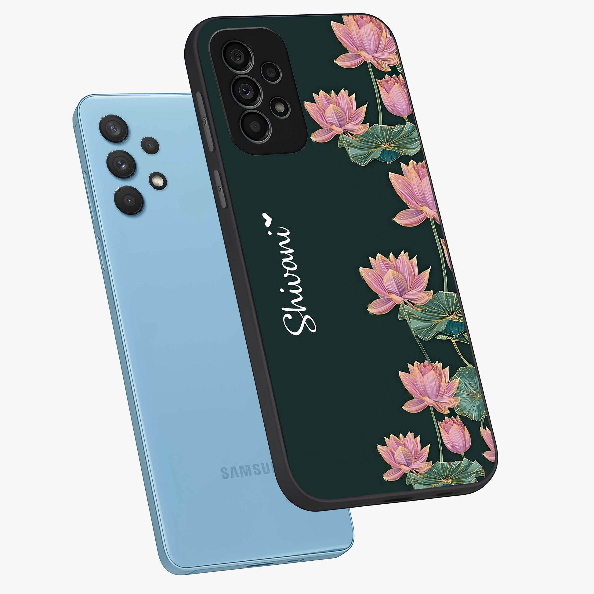 Lotus Bloom Serenity Custom Name Glass Case displayed in angled mockup highlighting graceful lotus illustration with custom name feature.