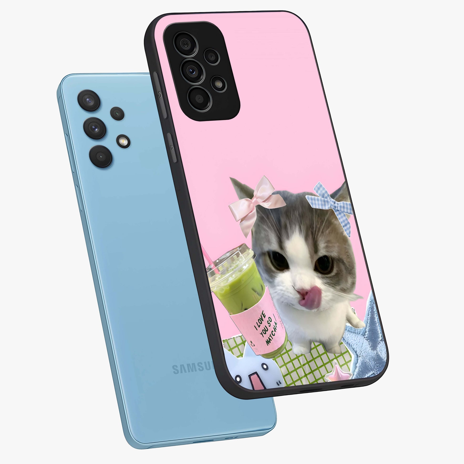 Love Matcha Cat Glass Case displayed in angled mockup highlighting playful feline illustration with cozy matcha aesthetic.