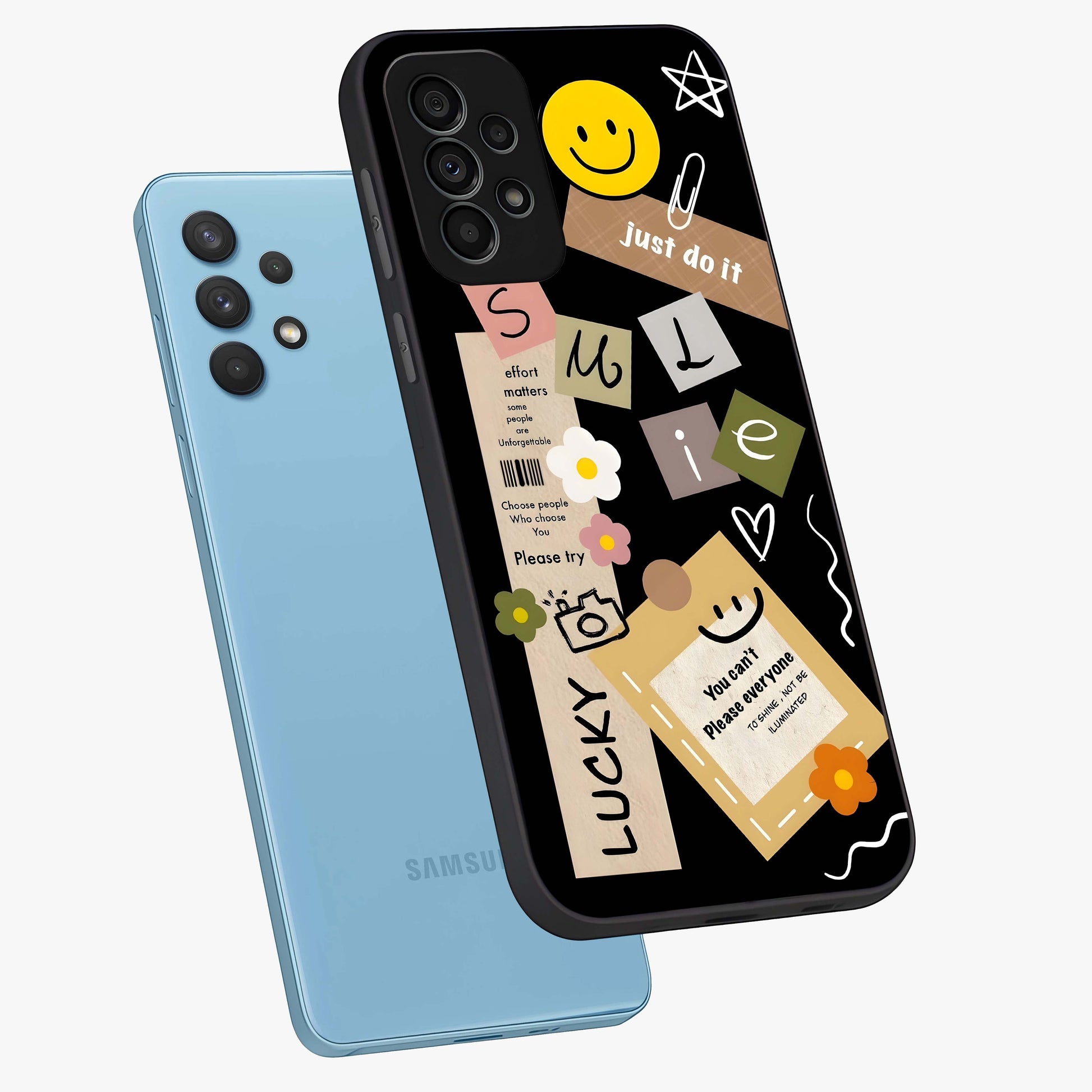 Lucky Aesthetic Collage Glass Case displayed in angled mockup highlighting stylish collage pattern with modern aesthetic vibe.