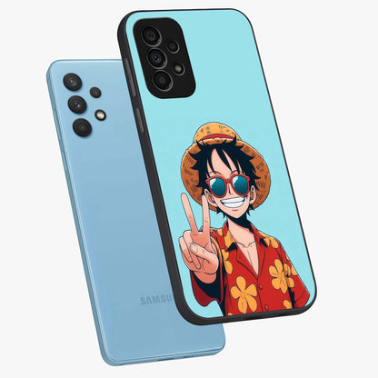 Luffy Summer Anime Vibe Glass Case displayed in angled mockup highlighting energetic anime illustration with summer vibe aesthetic.