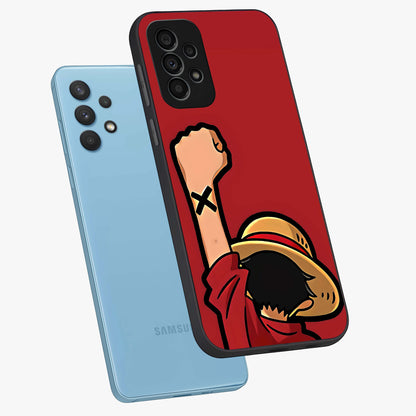 Luffy X Spirit Glass Case displayed in angled mockup highlighting powerful anime design with energetic action aesthetic.