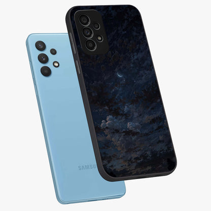 Lunar Veil Silence Glass Case displayed in angled mockup highlighting soft lunar design with peaceful celestial aesthetic.