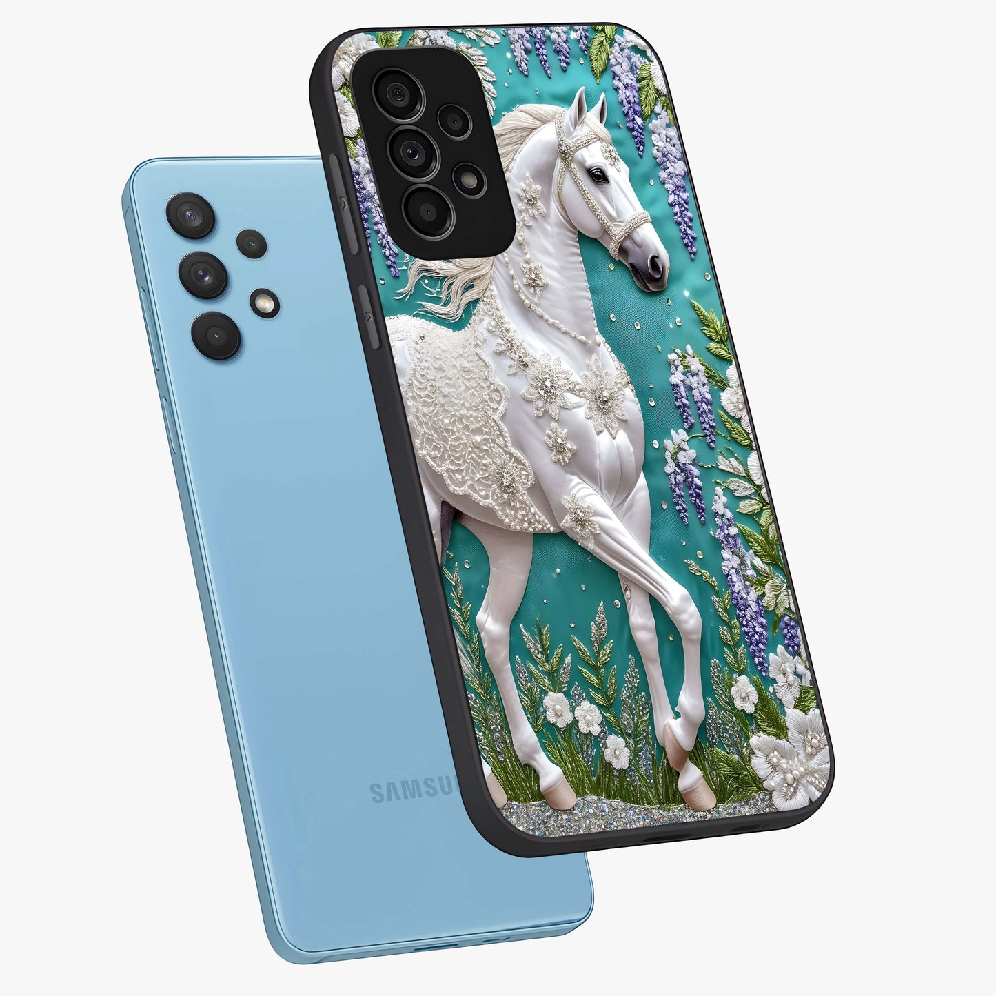 Majestic Floral Stallion Glass Case displayed in angled mockup highlighting majestic stallion illustration with elegant floral aesthetic.