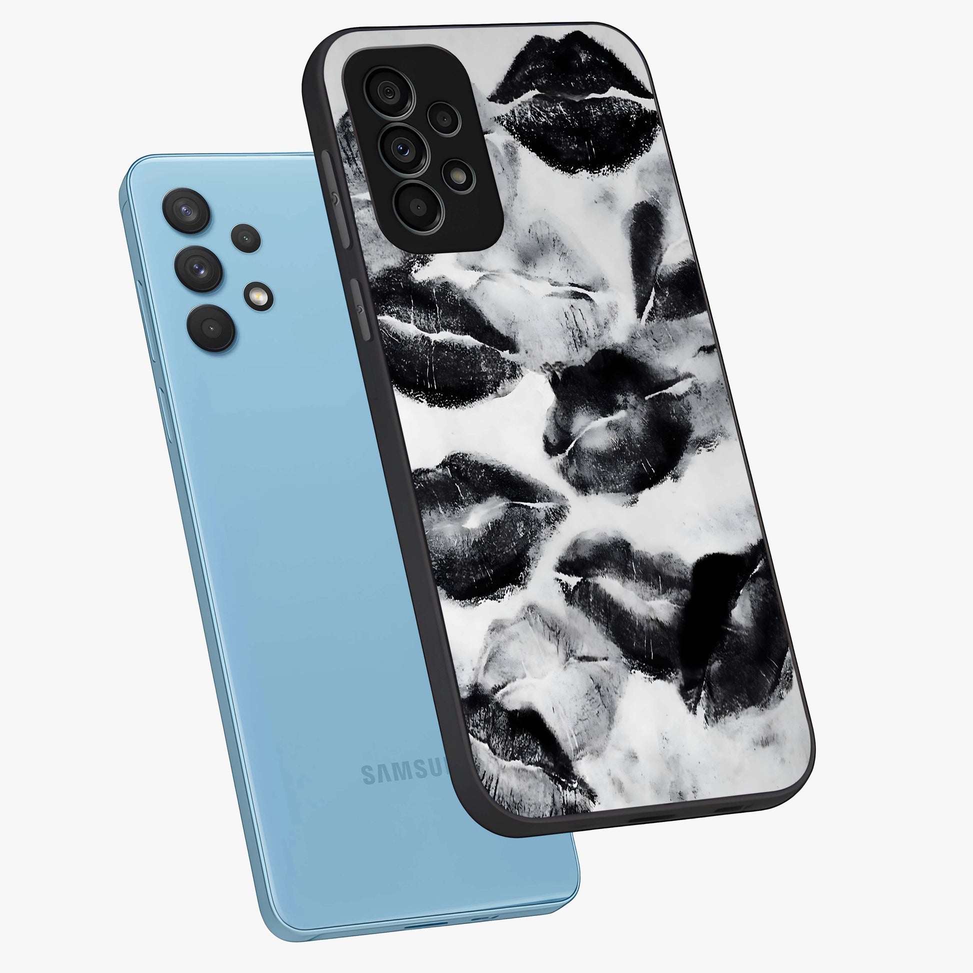 Midnight Kiss Marks Glass Case displayed in angled mockup highlighting playful romantic design with bold midnight aesthetic.