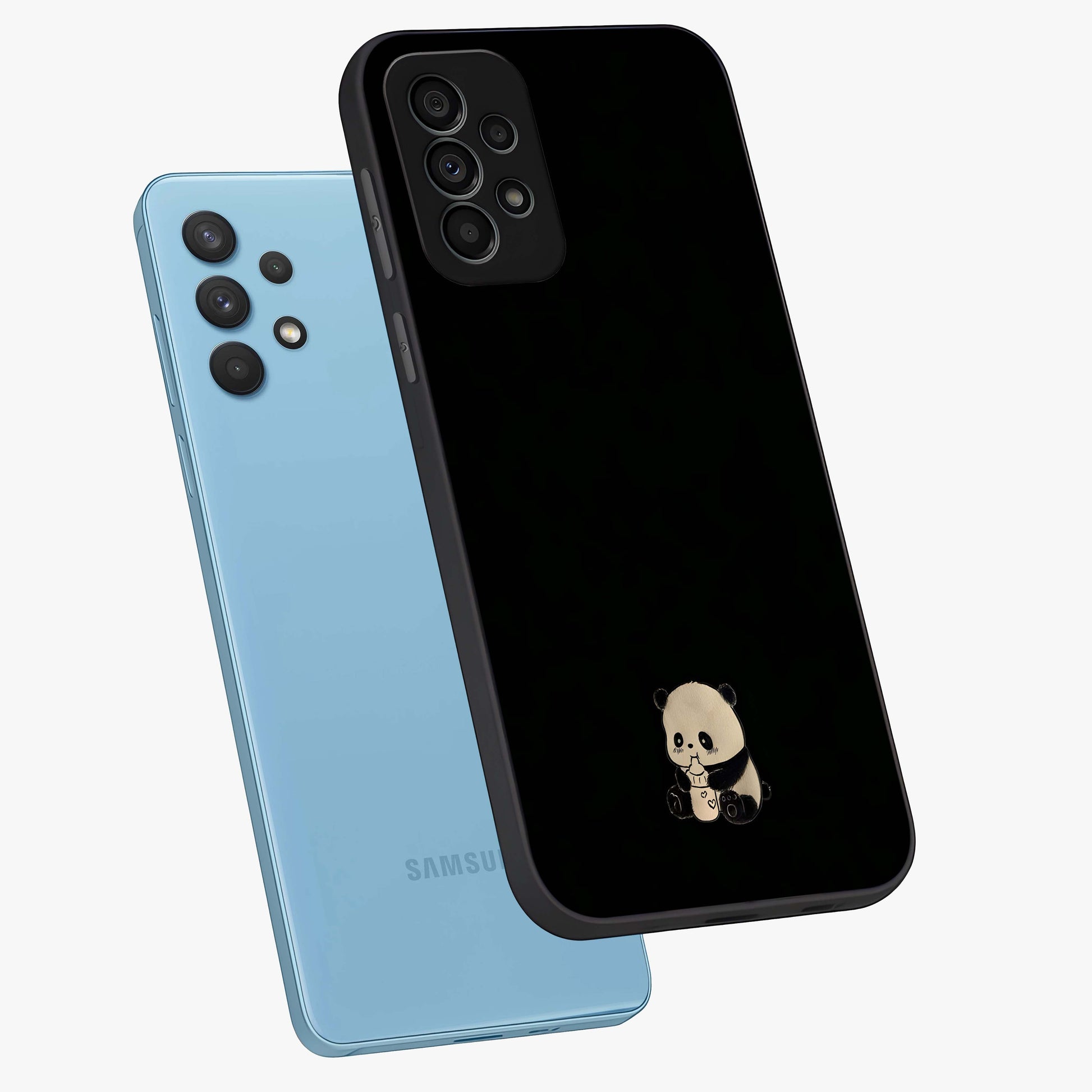 Midnight Panda Love Glass Case displayed in angled mockup highlighting adorable panda illustration with midnight aesthetic.