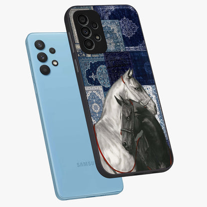 Midnight Stallion Blues Glass Case displayed in angled mockup highlighting powerful stallion illustration with deep midnight tones.