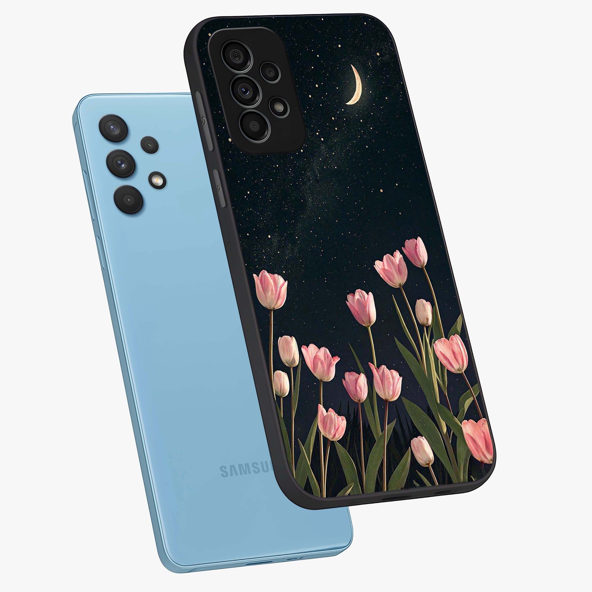 Midnight Tulip Whispers Vibe Glass Case displayed in angled mockup highlighting delicate tulip design with midnight floral aesthetic.