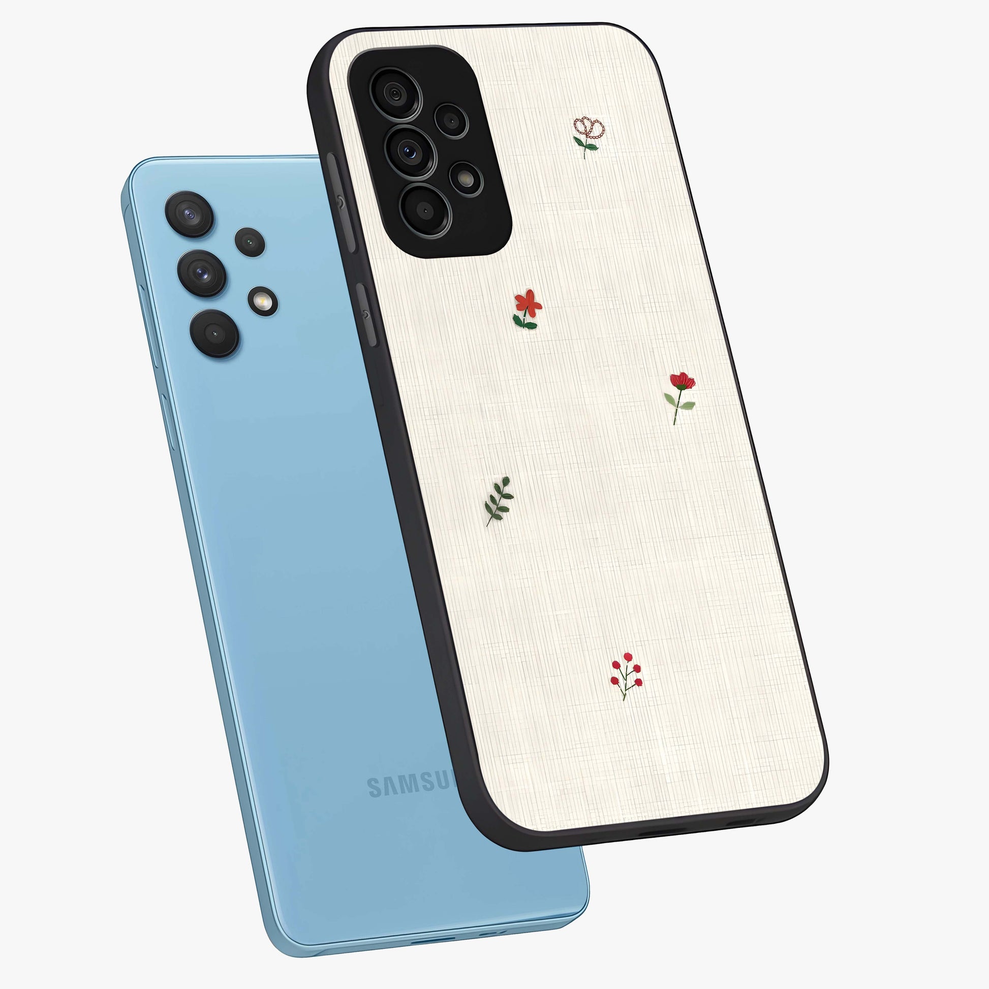 Minimalistic Blue With White Flower Pattern Glass Case displayed in angled mockup highlighting simple floral design with minimal aesthetic.
