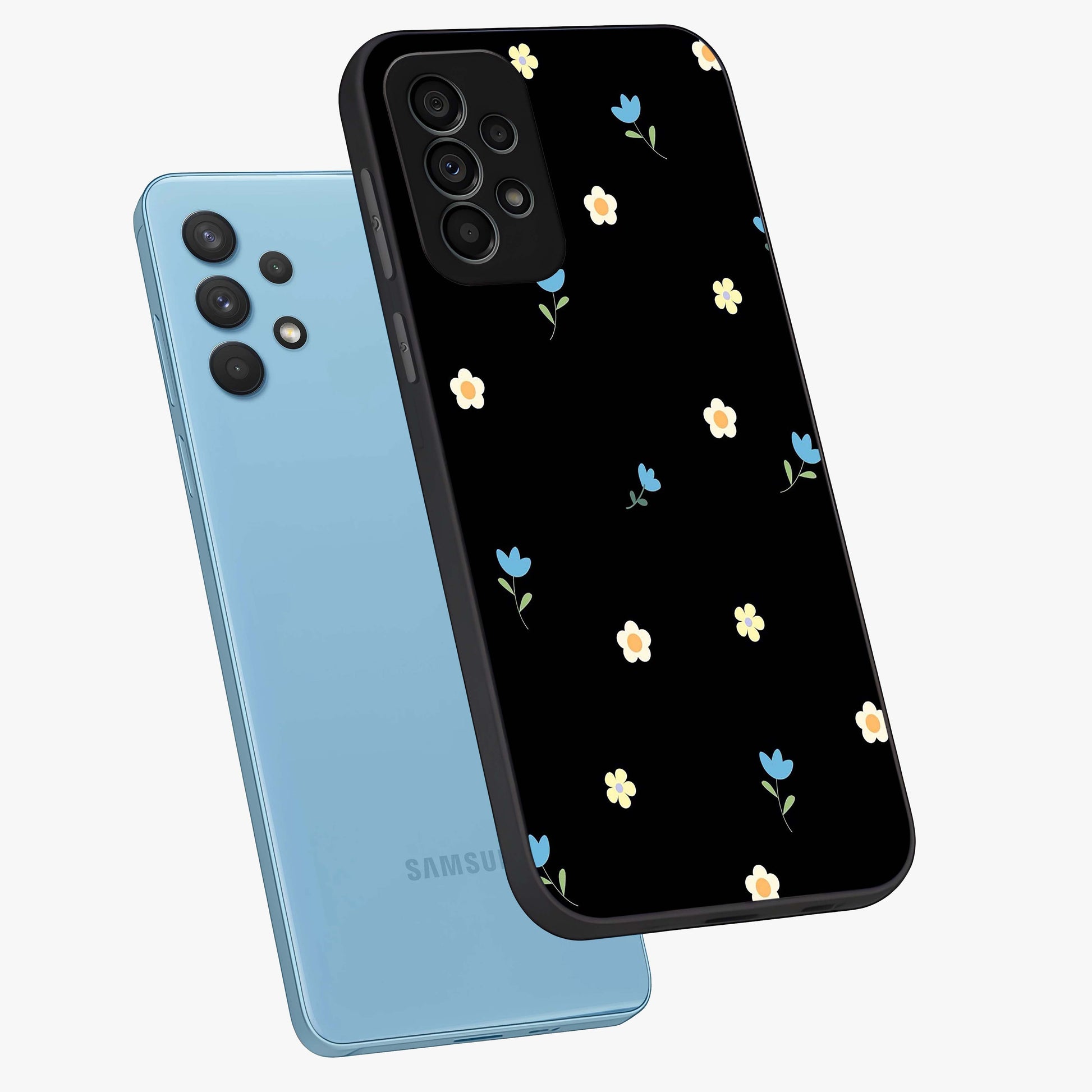 Minimal Petal Whispers Glass Case displayed in angled mockup highlighting delicate petal design with clean minimal aesthetic.