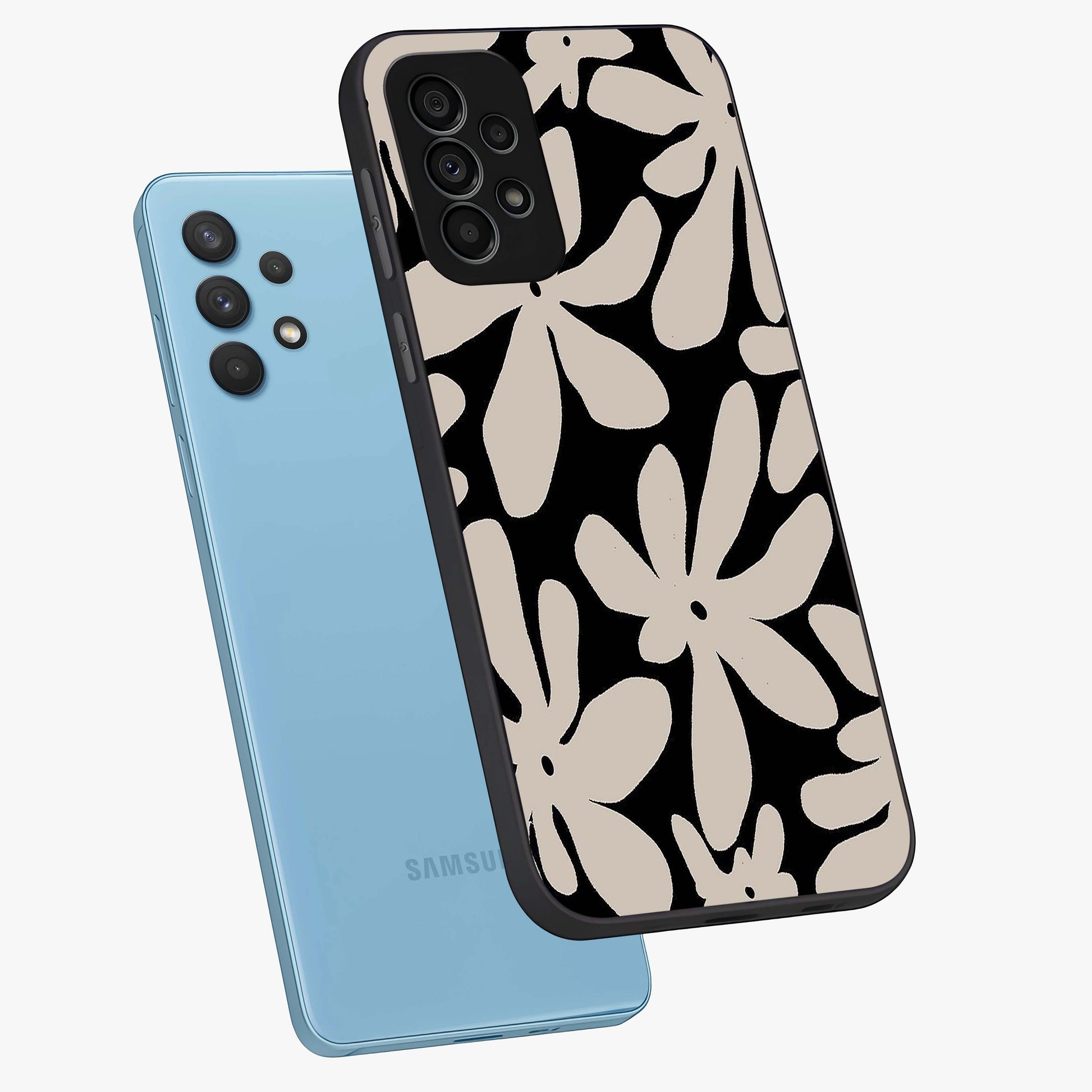 Monochrome Petal Dance Glass Case displayed in angled mockup highlighting elegant petal design with black and white aesthetic.