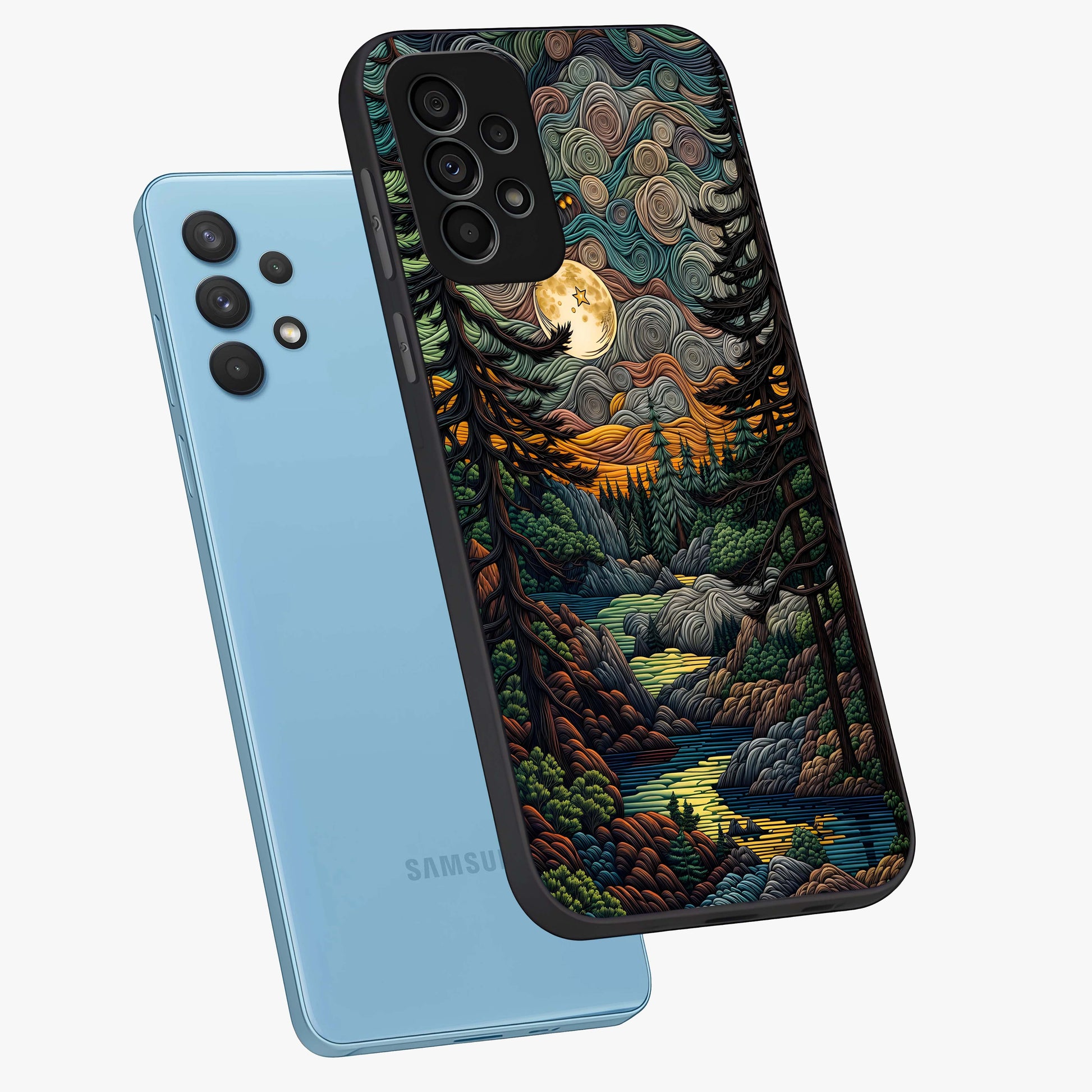Moonlight Forest Dream Glass Case displayed in angled mockup highlighting dreamy forest design with glowing moon aesthetic.