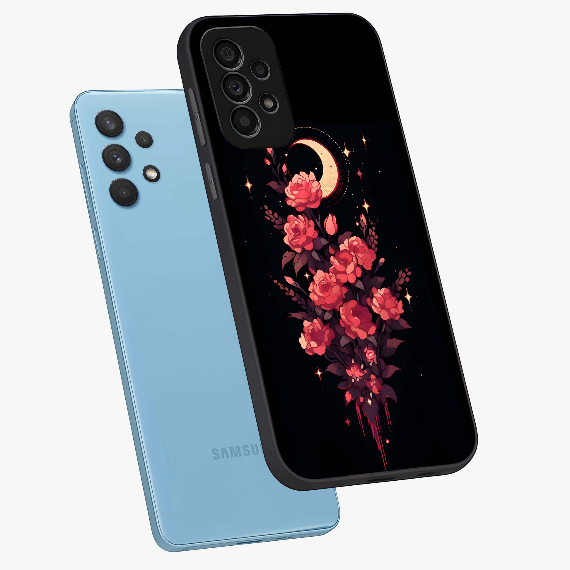 Moonlit Floral Elegance Glass Case displayed in angled mockup highlighting graceful flower design with soft moonlight aesthetic.