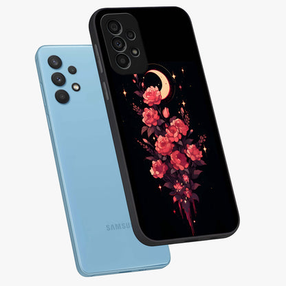 Moonlit Floral Elegance Glass Case displayed in angled mockup highlighting graceful flower design with soft moonlight aesthetic.