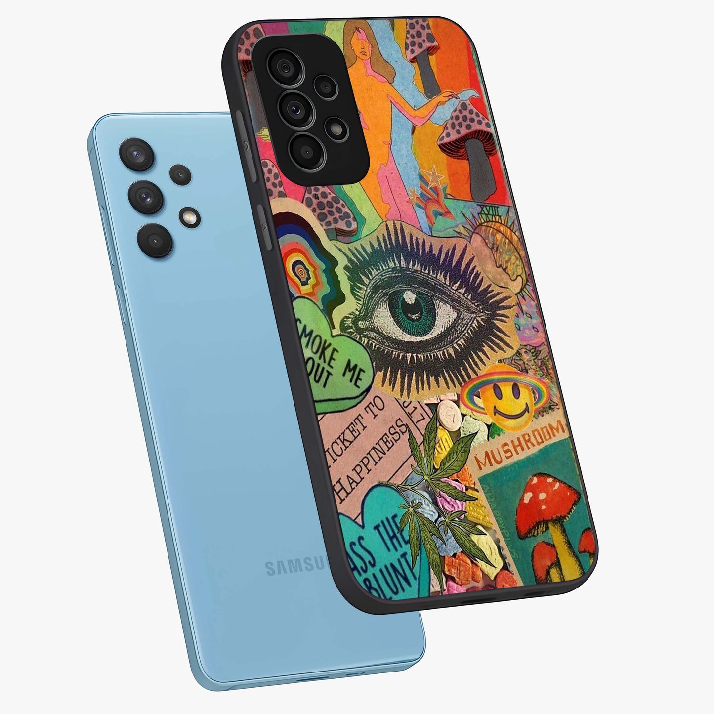 Mystic Eye Wonderland Glass Case displayed in angled mockup highlighting magical eye illustration with dreamy aesthetic.