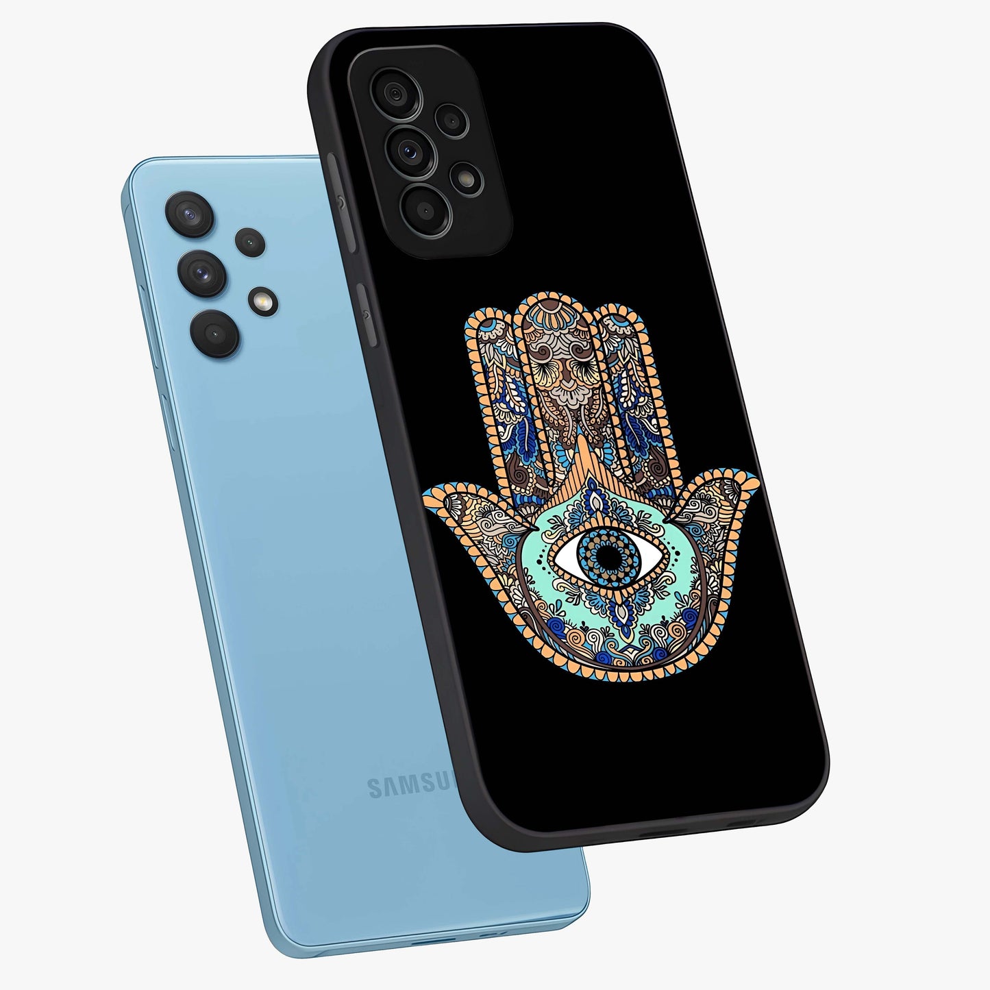 Mystic Hamsa Eye Glass Case displayed in angled mockup highlighting spiritual hamsa symbol with mystical aesthetic style.
