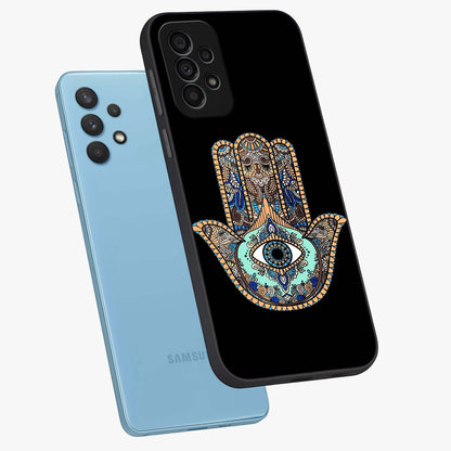 Mystic Hamsa Eye Glass Case displayed in angled mockup highlighting spiritual hamsa symbol with mystical aesthetic style.