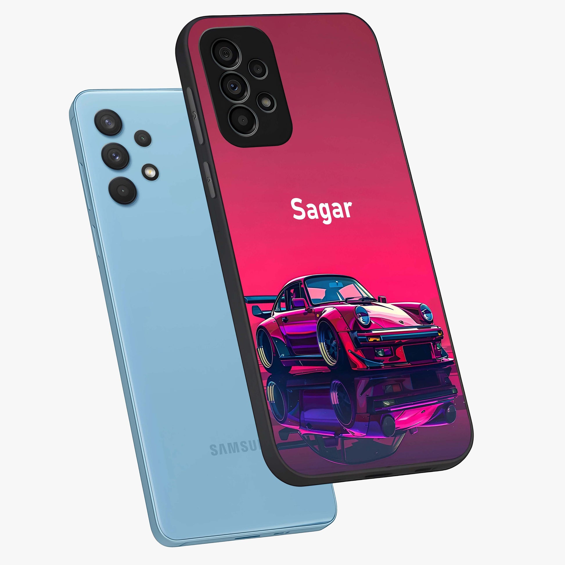 Neon Pink Porsche Glass Case displayed in angled mockup highlighting sleek neon pink car design with racing aesthetic.