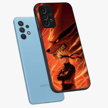 Nine Tails Legacy Glass Case displayed in angled mockup highlighting dynamic anime beast illustration with bold mystical aesthetic.