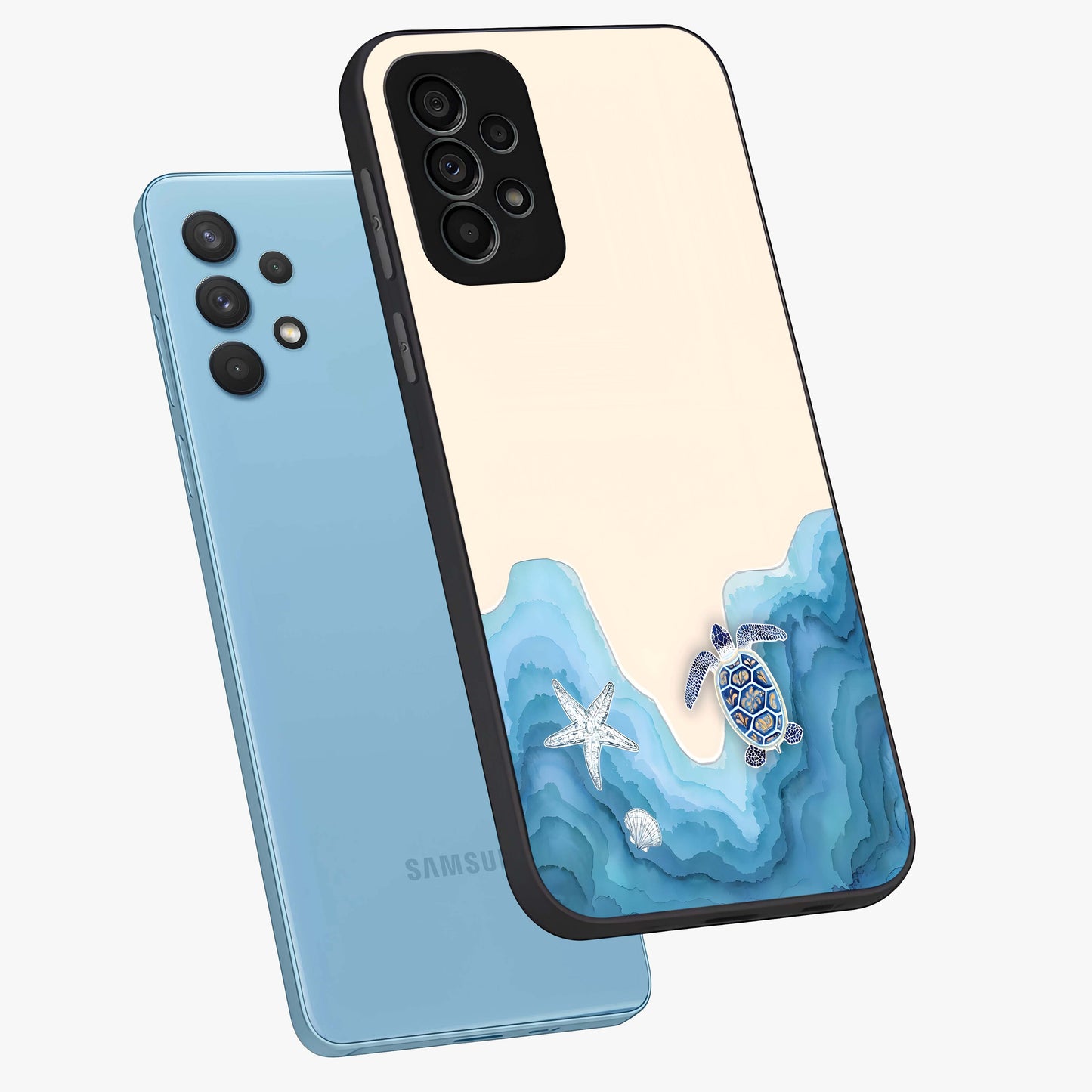 Ocean Drift Turtle Glass Case displayed in angled mockup highlighting peaceful ocean turtle illustration with marine aesthetic.