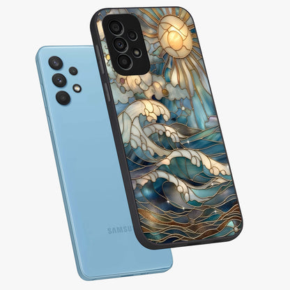 Oceanic Stained Printed Glass Case displayed in angled mockup highlighting colorful aquatic design with artistic aesthetic style.
