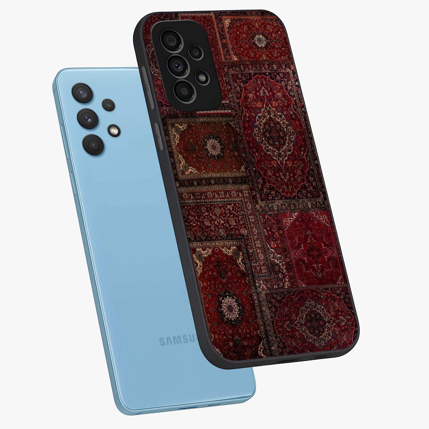 Persian Velvet Tale Glass Case displayed in angled mockup highlighting ornate textile inspired design with royal aesthetic.