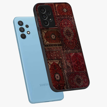 Persian Velvet Tale Glass Case displayed in angled mockup highlighting ornate textile inspired design with royal aesthetic.